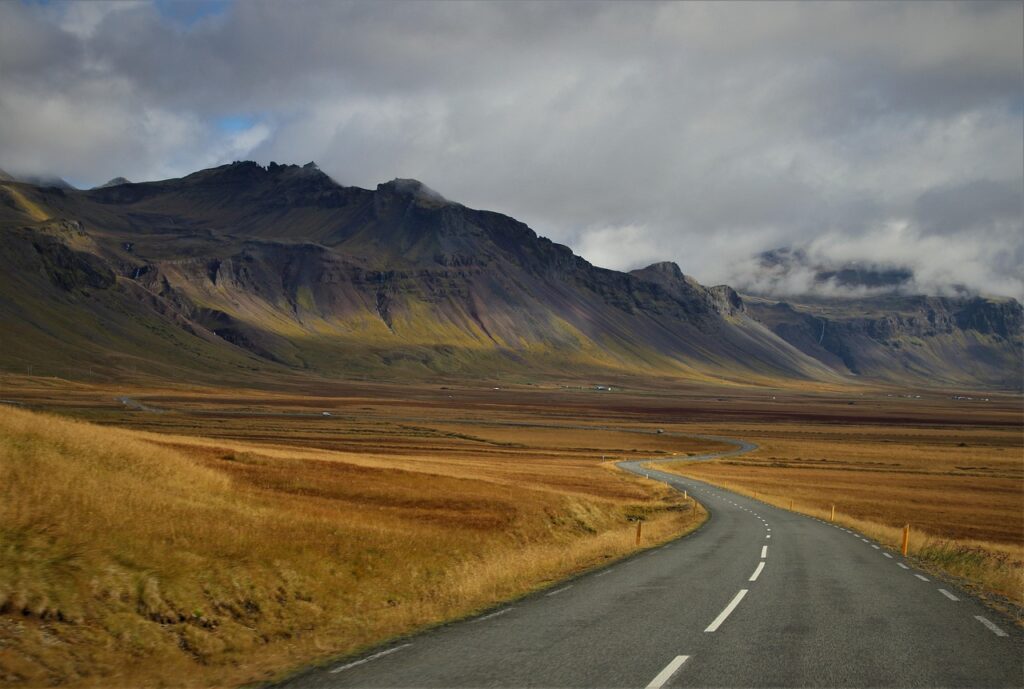 mountains, way, perspective, distant view, travel, scenery, cloudy, iceland, nature, the language of the earth, asphalt, brown travel